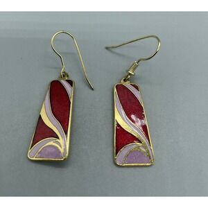 80's Cloisonne Red Mauve pink Earrings Pierced Dangle Drop Gold Tone